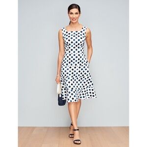 Talbots Womens Polka Dot Cotton Blend Fit Flare Midi Dress White Navy 4 Classic